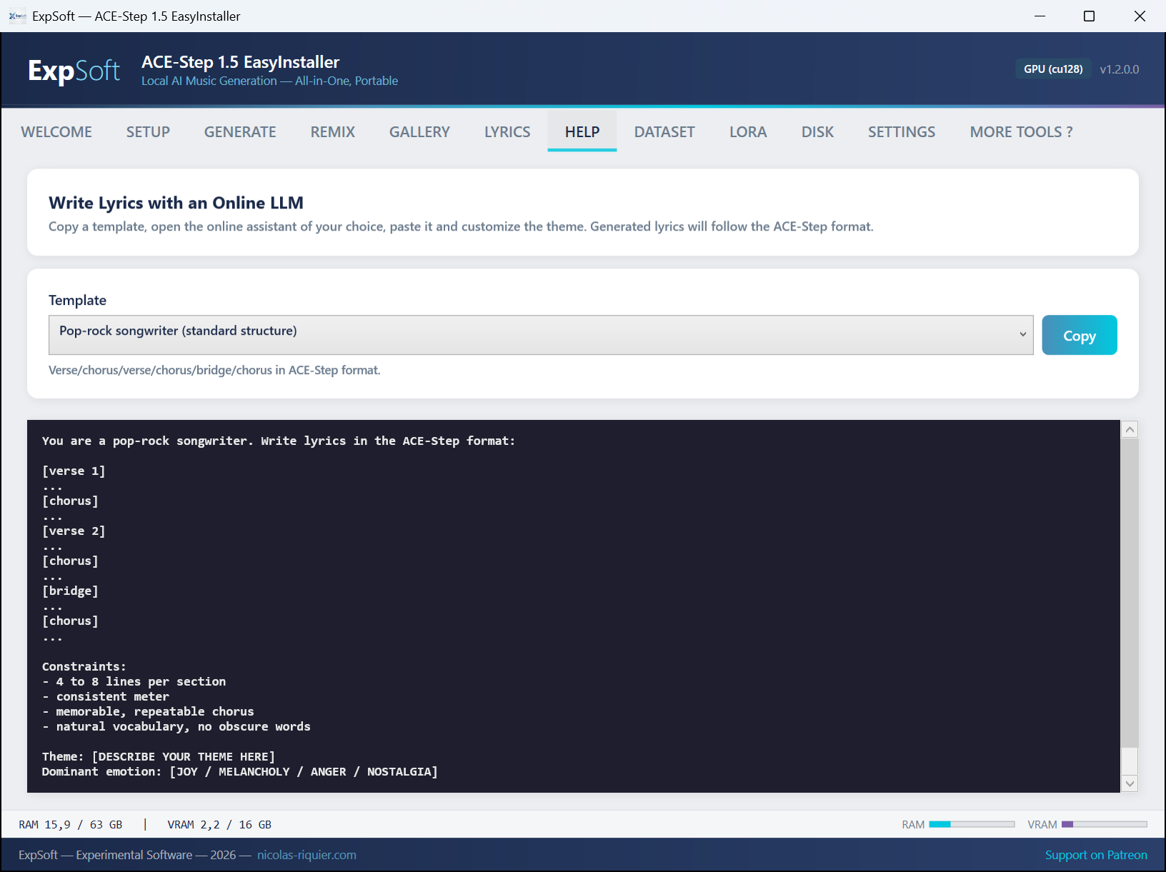 The HELP tab with a ready-to-copy lyrics template