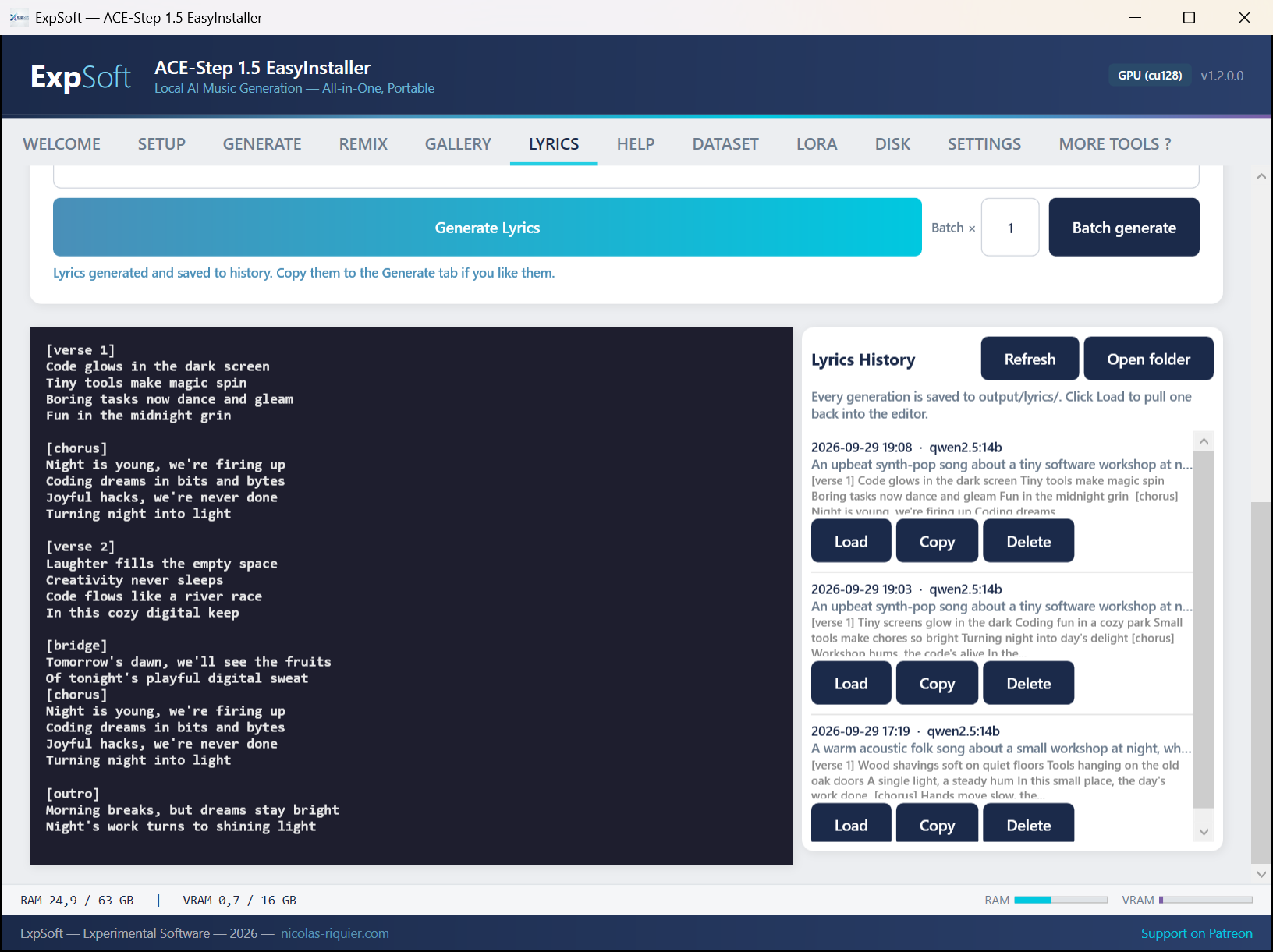 The LYRICS tab: generated lyrics in sections and the history