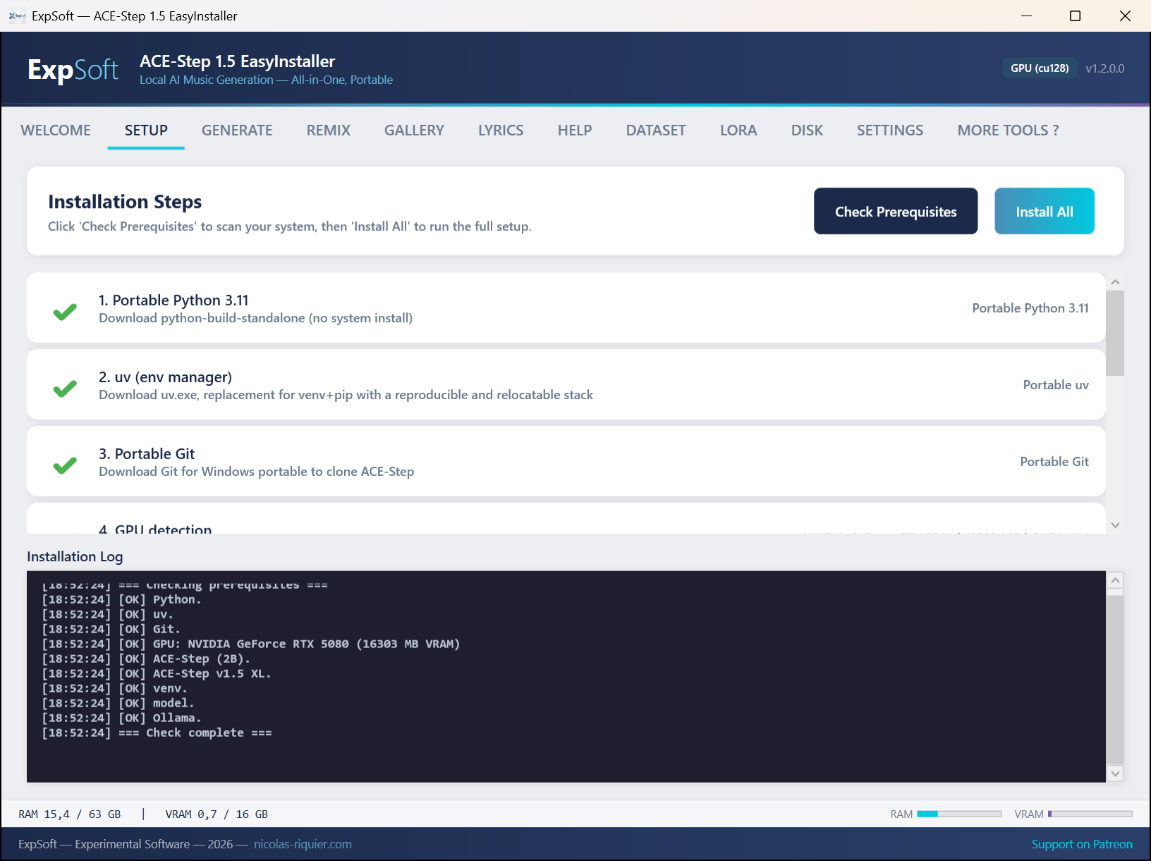 The SETUP tab after Check Prerequisites, every component reported OK