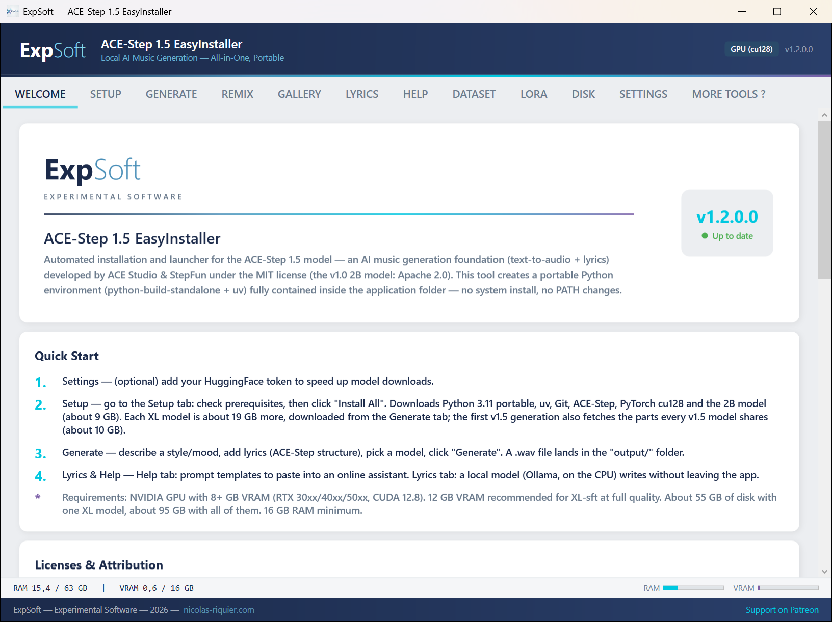 The WELCOME tab with the twelve tabs, the version badge, the Quick Start and the requirements