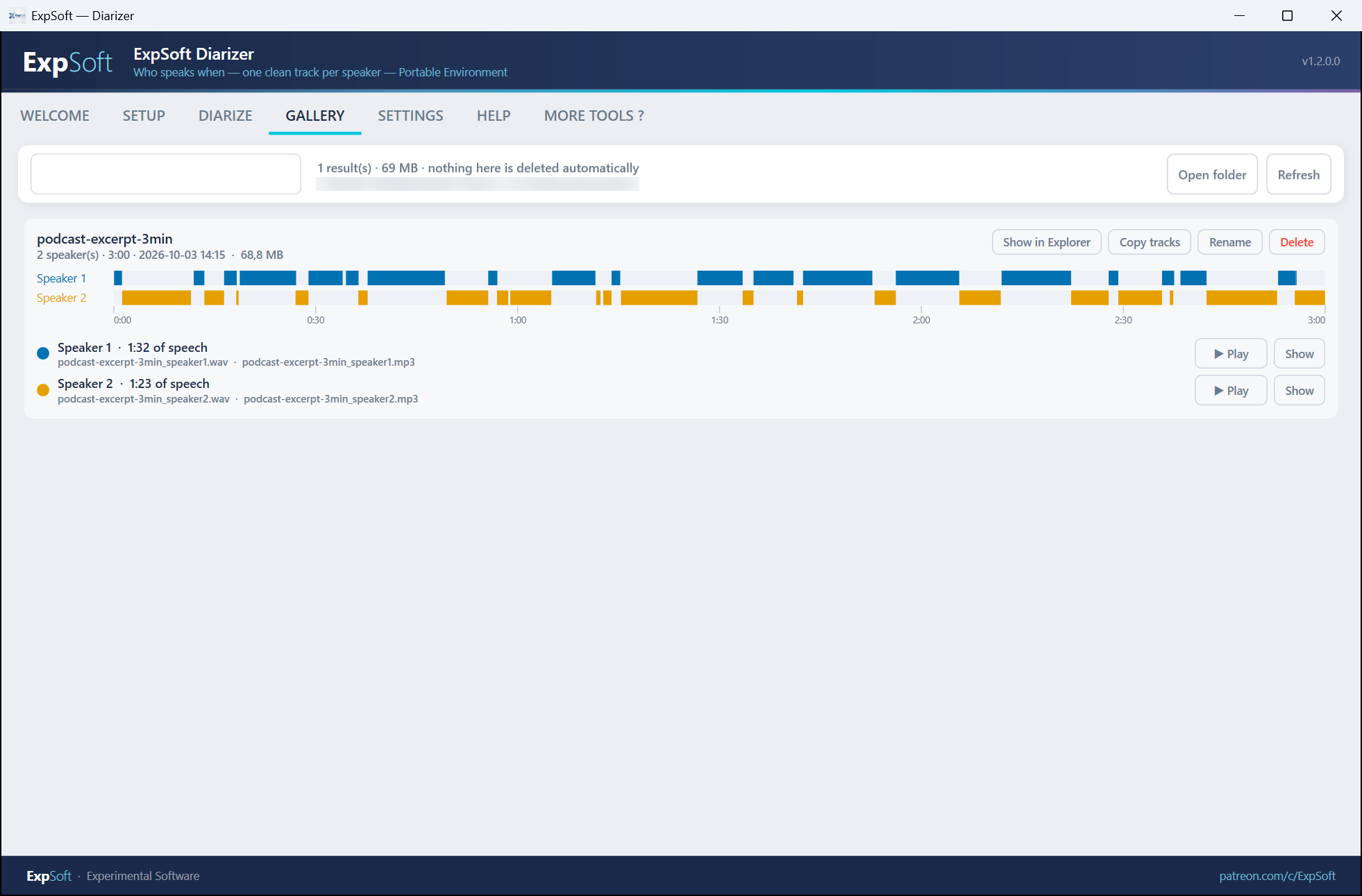 The GALLERY tab: a result with its speaker timeline, speaking times and buttons