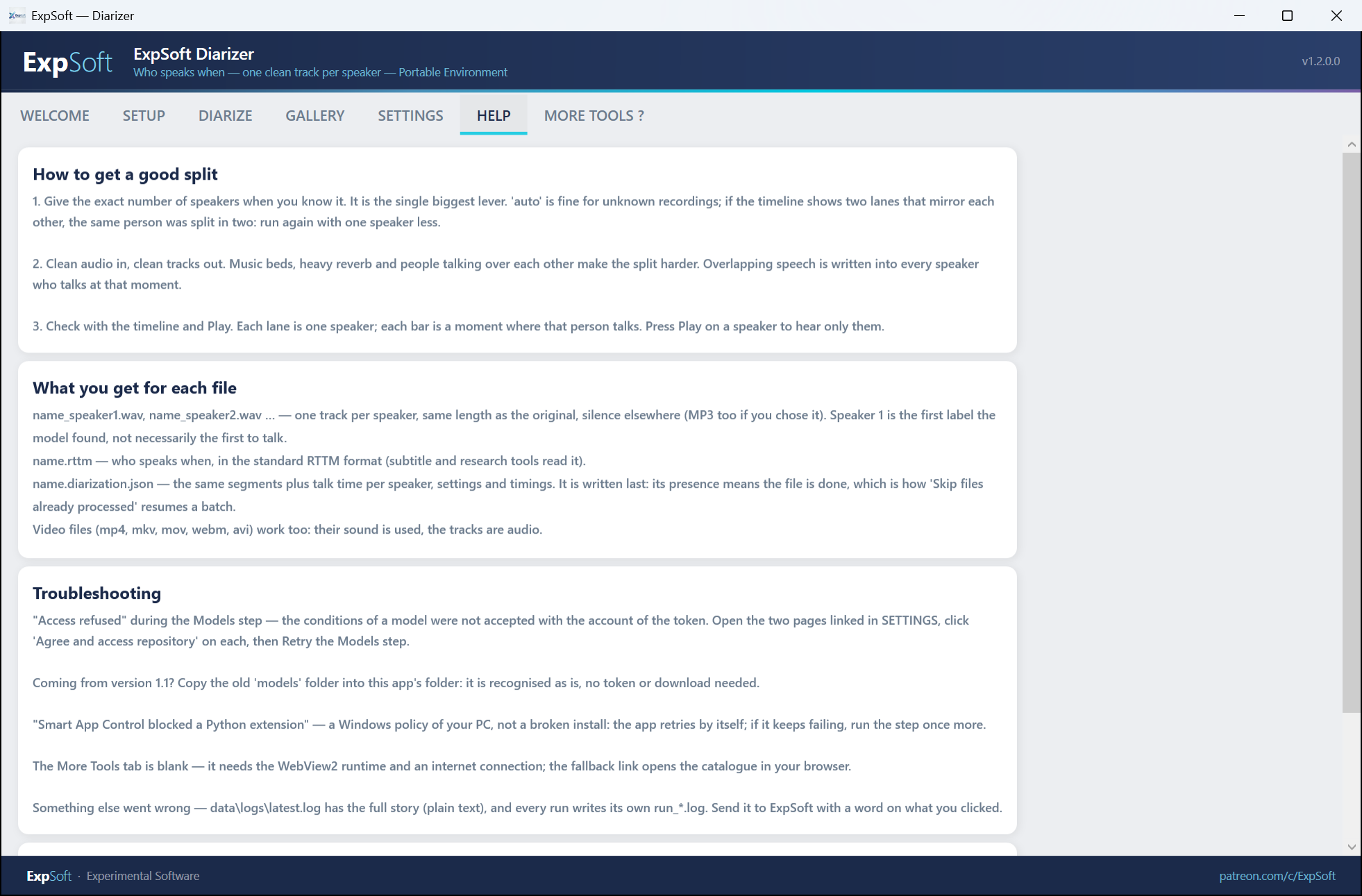 The HELP tab: how to get a good split, what you get for each file, troubleshooting