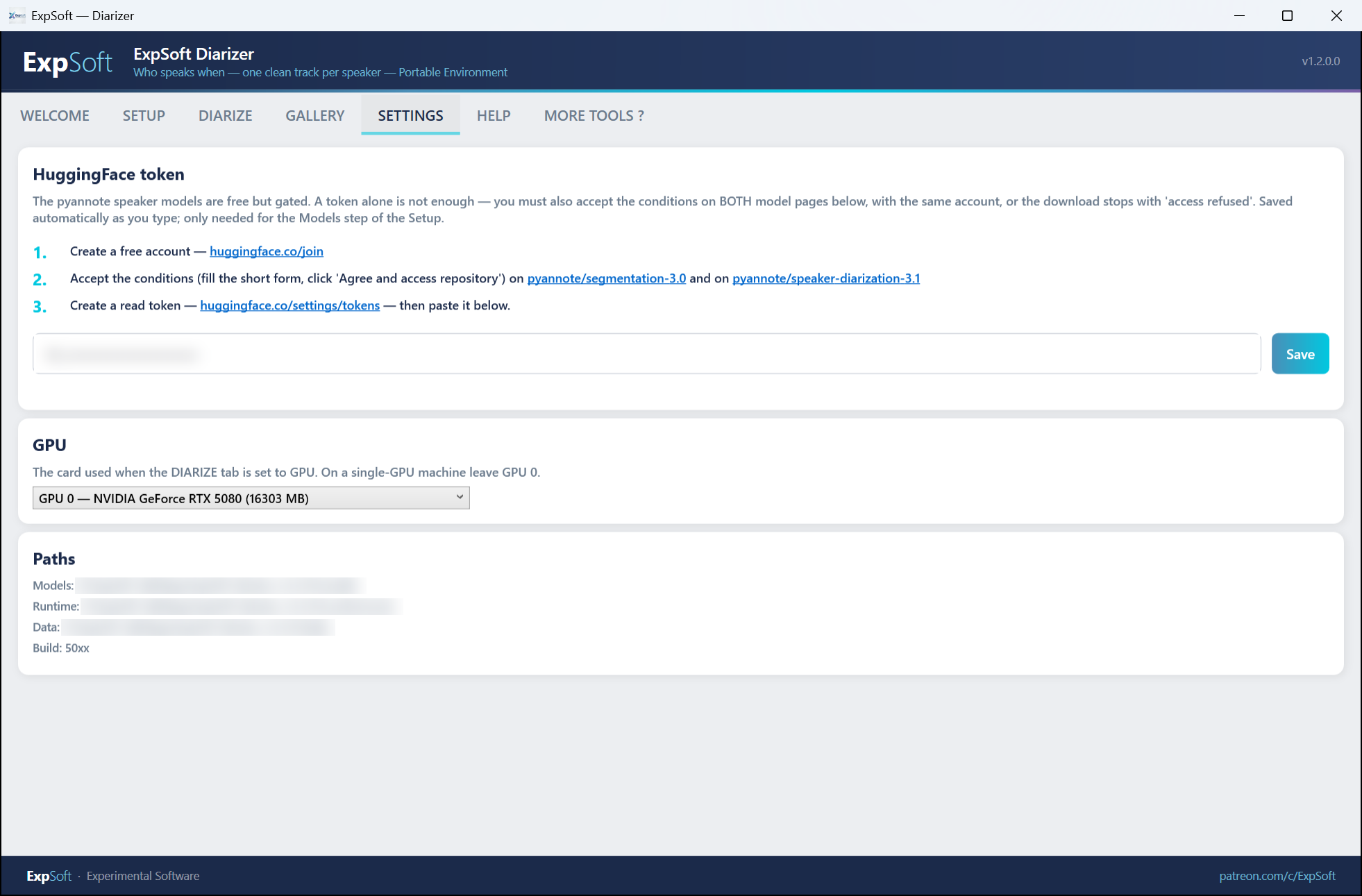 The SETTINGS tab: the three links to get a free token, the token field, the GPU choice