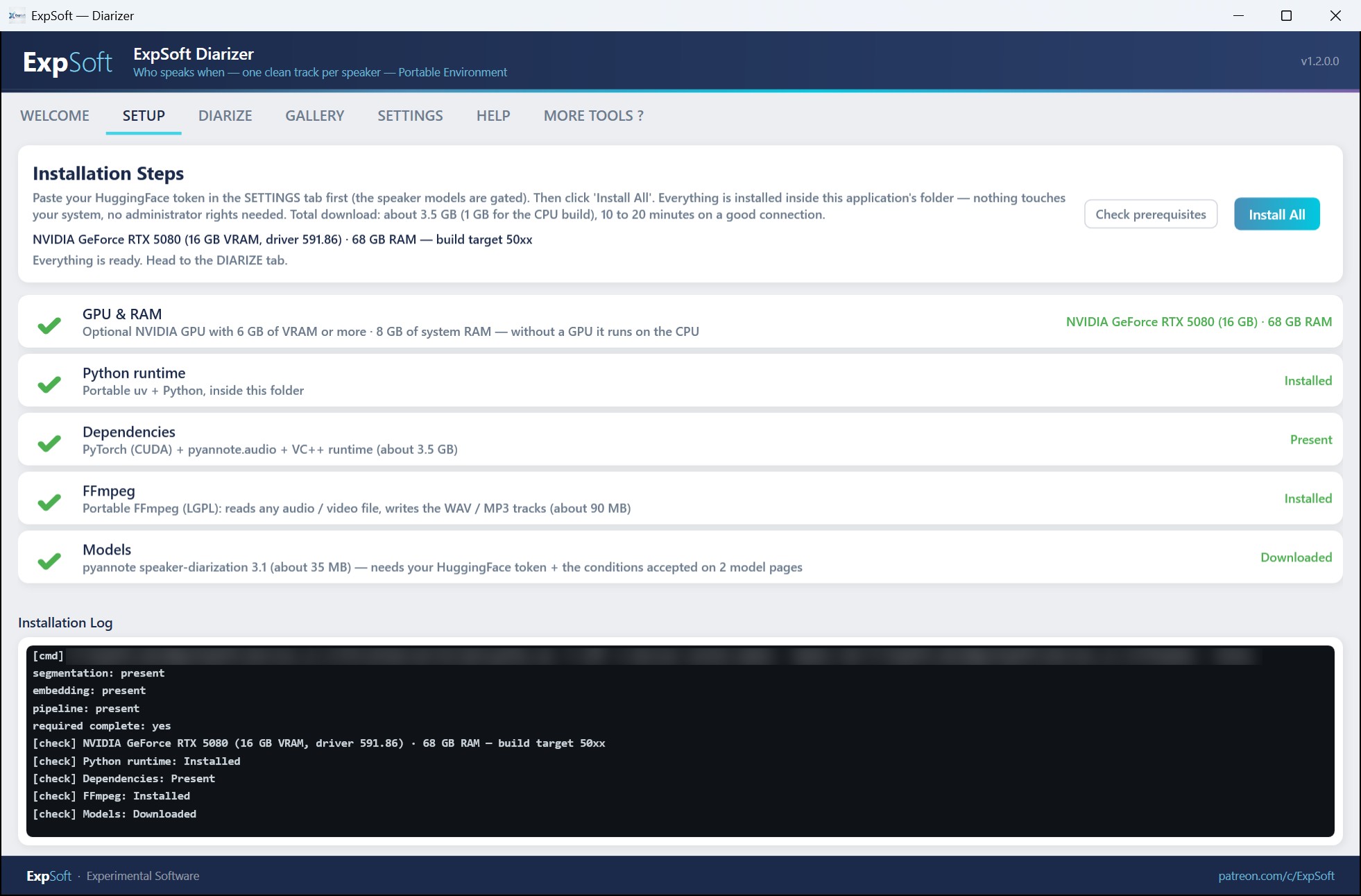 The SETUP tab with the five steps ticked and the card detected