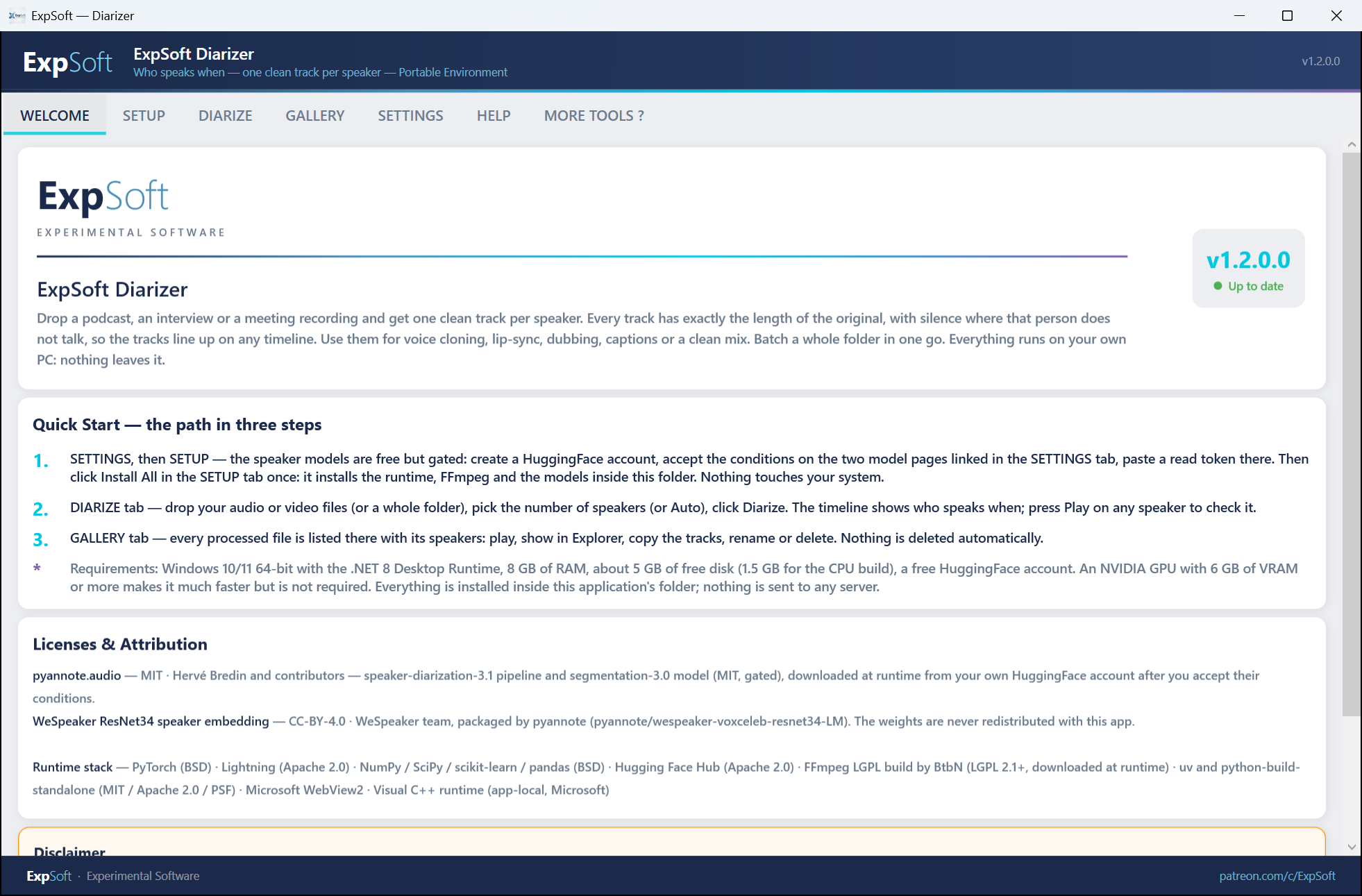 The WELCOME tab with the version badge, the Quick Start in three steps, the requirements and the licenses