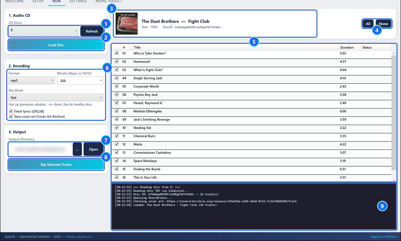 Mp3 Extractor RUN tab after Load Disc: album cover, artist, album and year, the 16 tracks with their durations, the encoding and output settings, and the log