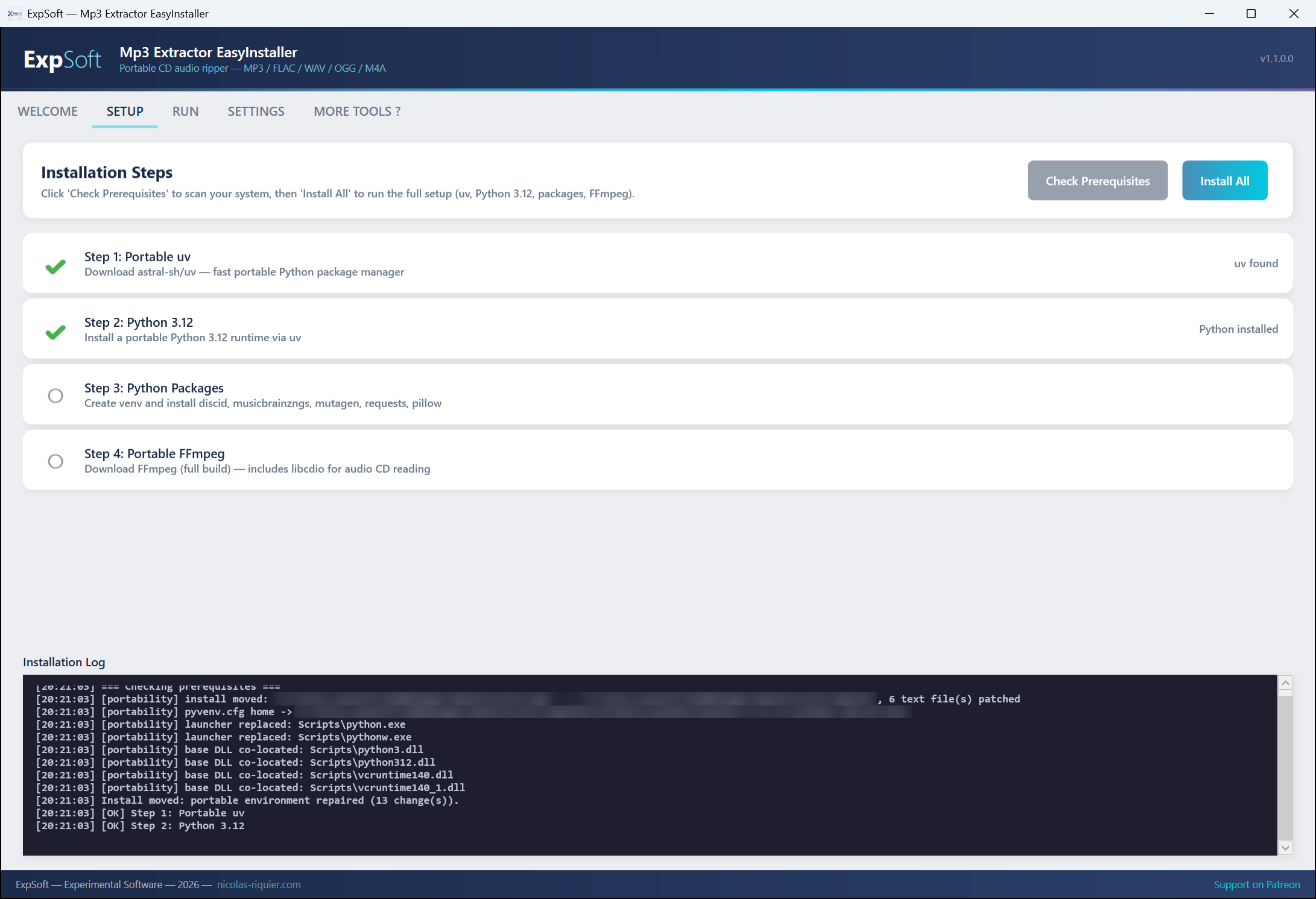 Setup tab