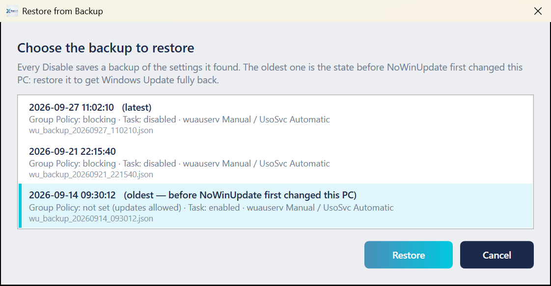 Restore from Backup: choose the backup