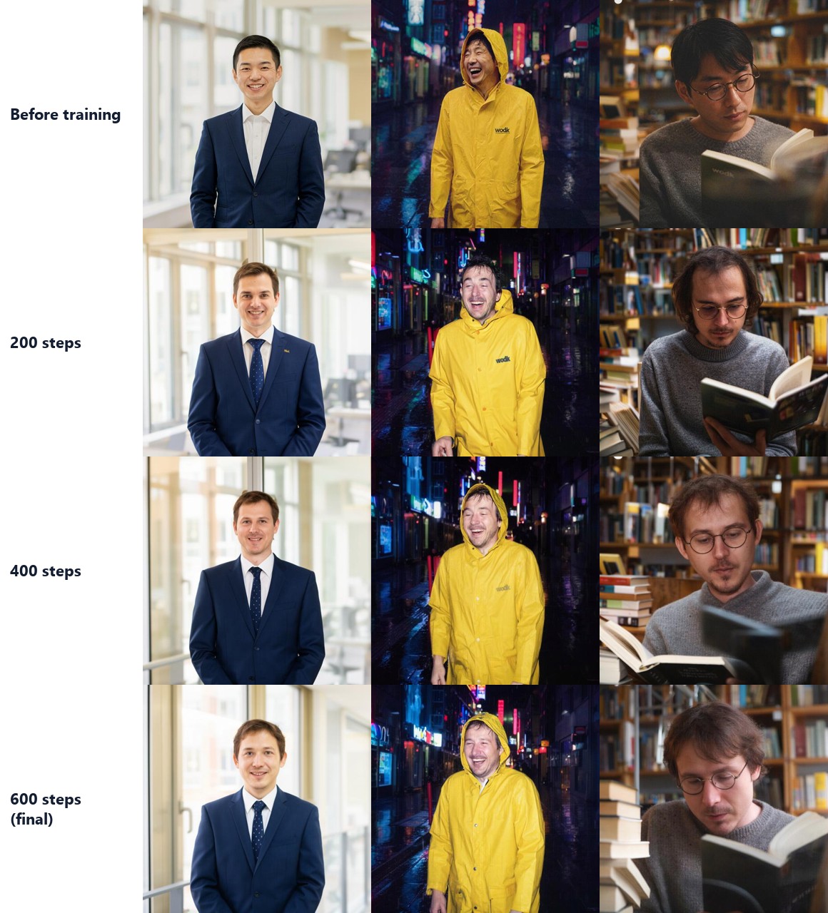 Four rows of three portraits with Ideogram 4 — before training, after 200, 400 and 600 steps: an office portrait, a laughing man in a yellow raincoat on a rainy night street, and a man reading in a library; the face moves toward the person step by step