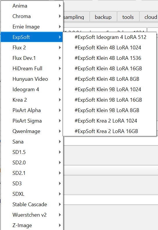 The Load Preset menu of OneTrainer with the ExpSoft group open on its ten profiles, from Ideogram 4 LoRA 512 to Krea 2 LoRA 16GB