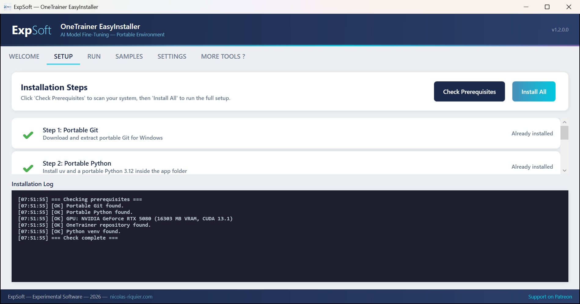 ExpSoft OneTrainer — Setup tab