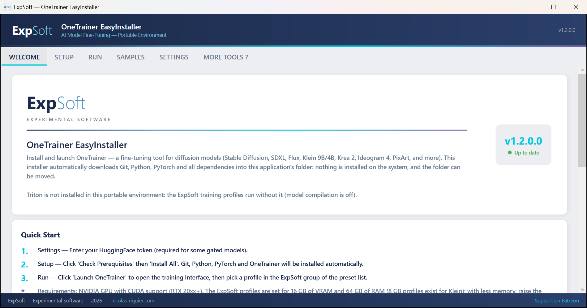 ExpSoft OneTrainer — Welcome tab